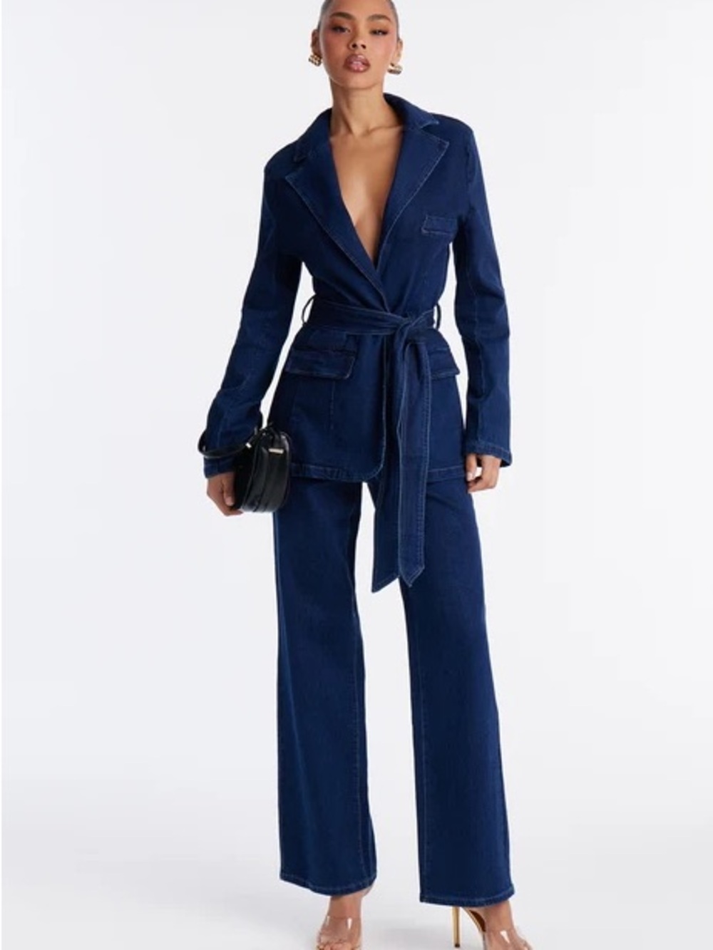 Fashion Nova Dark Blue Denim Tie-Waist Blazer & Wide-Leg Pants